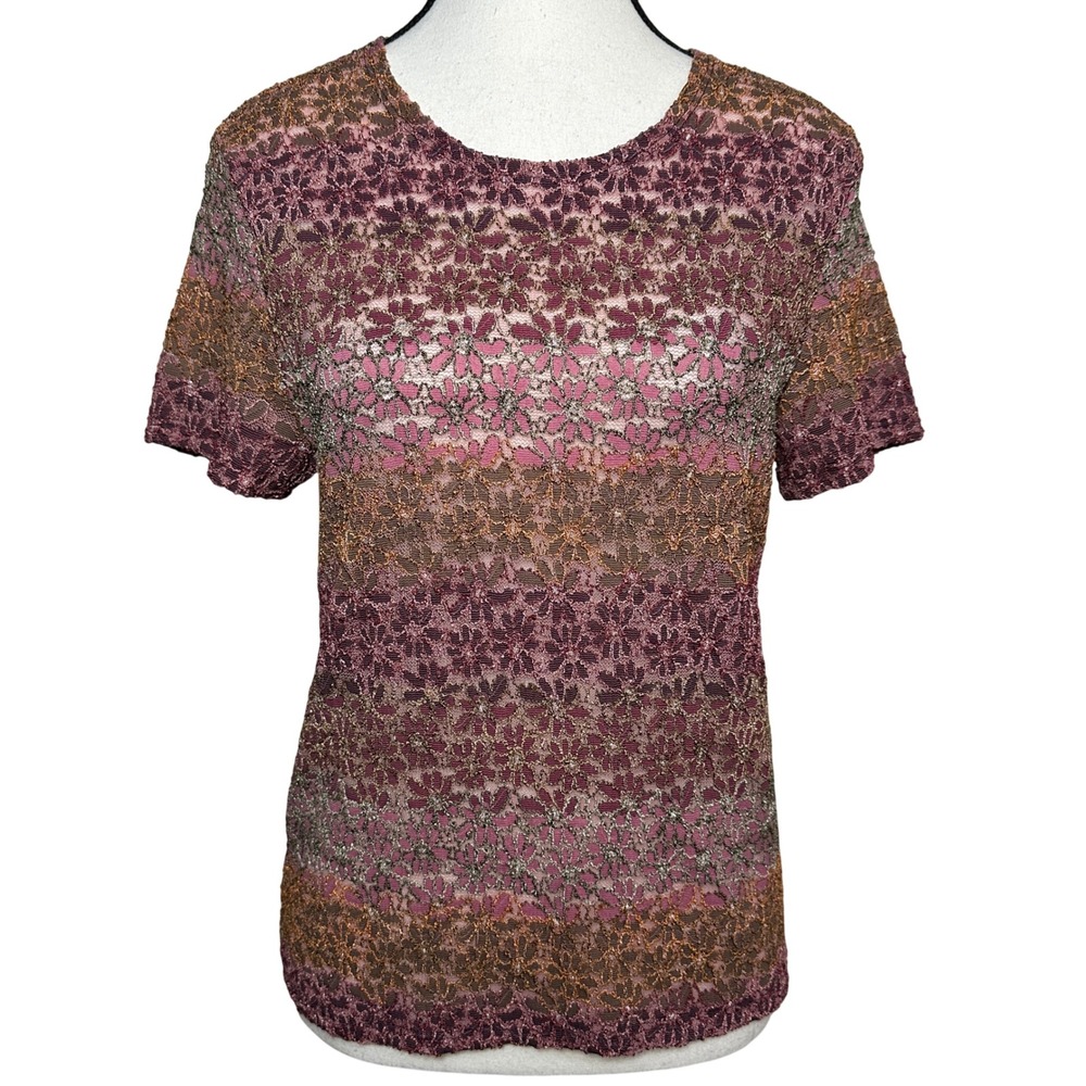 Kathie Lee VTG Floral Lace Top Pink Blush Metallic Ombre‎ Sheer Y2K Whimsy M